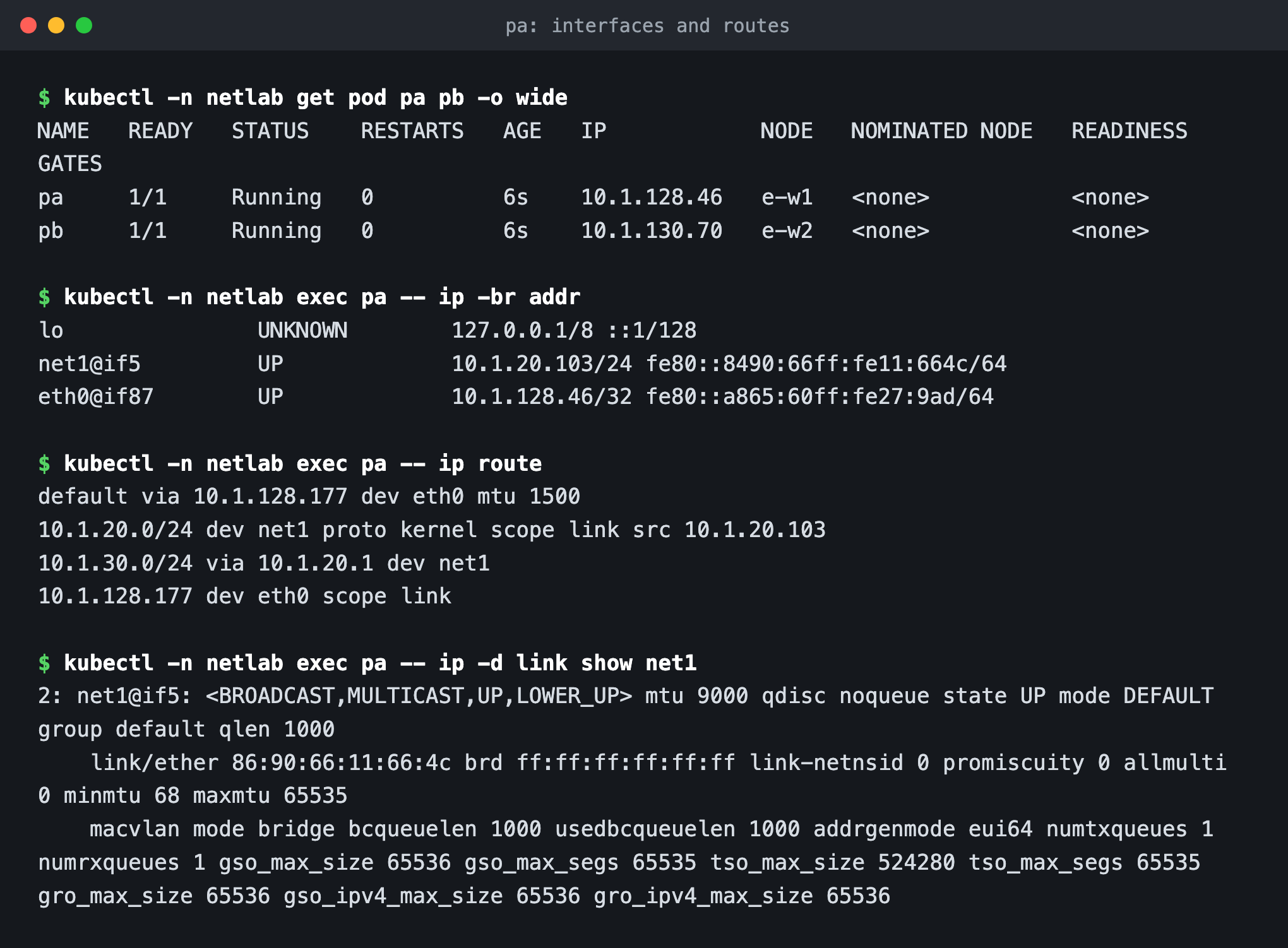 Terminal: kubectl get pod, ip -br addr showing net1 10.1.20.103 and eth0 10.1.128.46, ip route with a default via eth0 and 10.1.30.0/24 via 10.1.20.1 on net1, and ip -d link showing macvlan mode bridge mtu 9000.