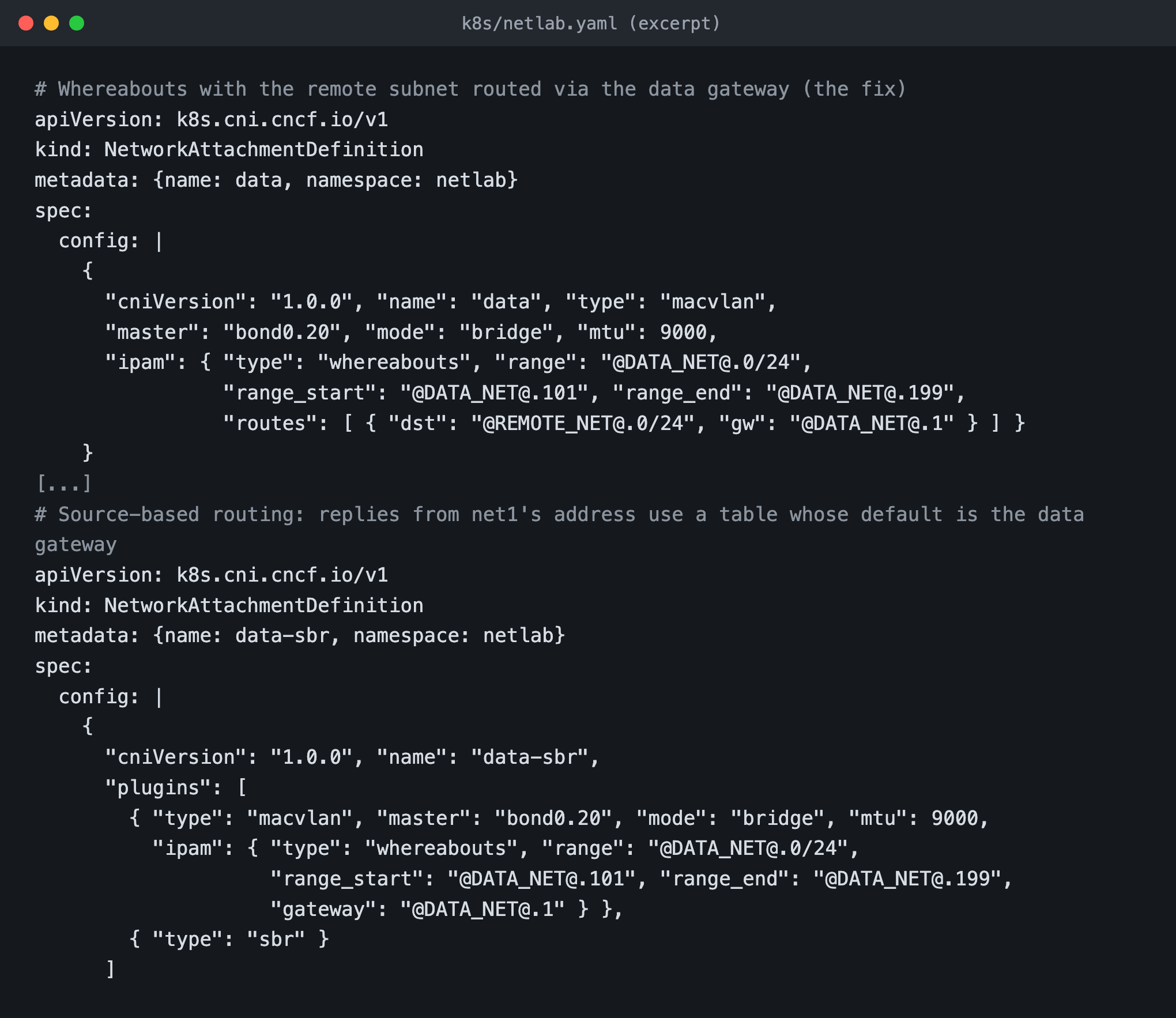 Configuration: two NetworkAttachmentDefinitions, data with macvlan on bond0.20, mtu 9000, Whereabouts range 101 to 199 and a route to the remote subnet, and data-sbr chaining macvlan with the sbr plugin.