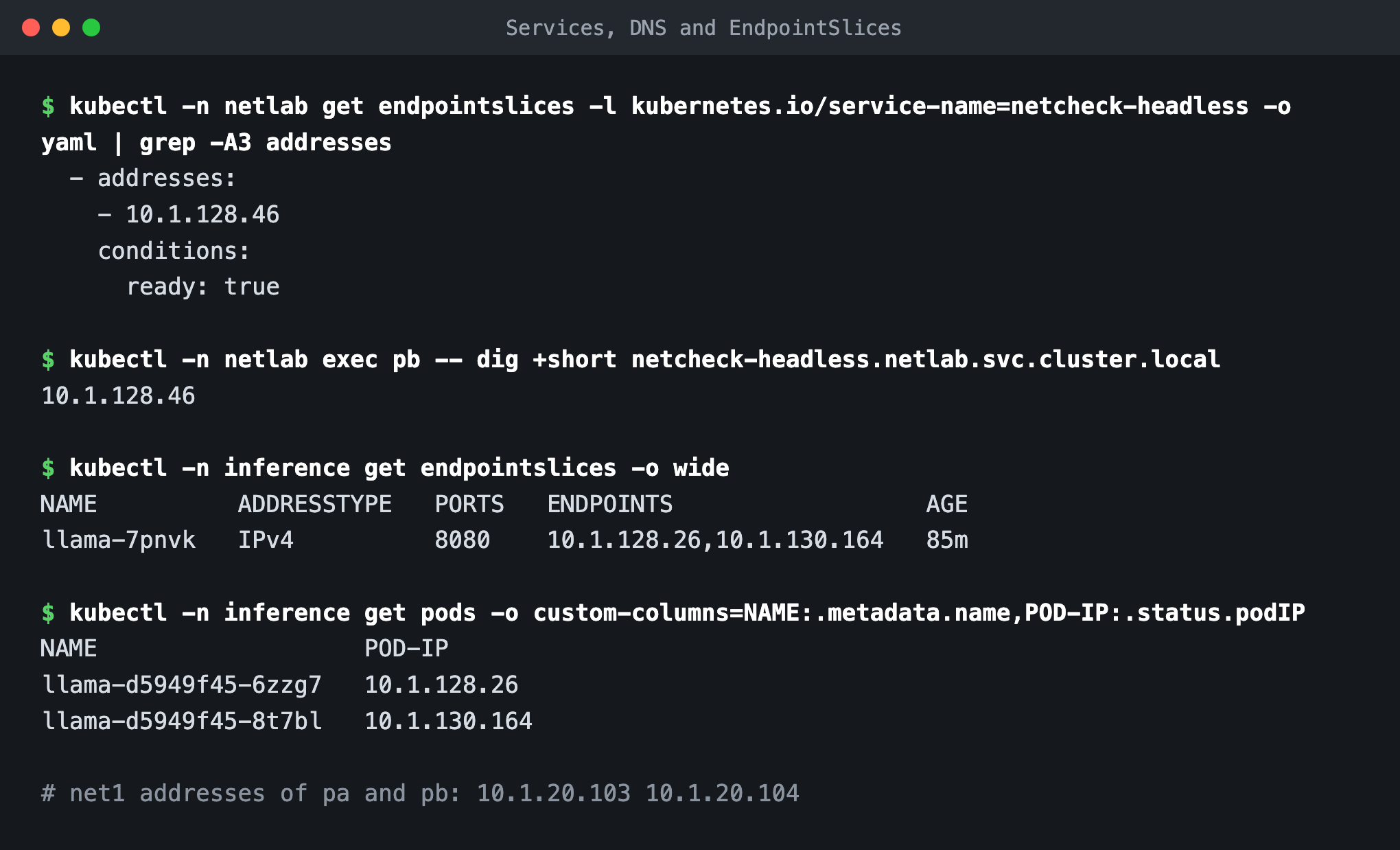 Terminal: the EndpointSlice address 10.1.128.46, dig returning 10.1.128.46, the inference EndpointSlice listing two pod IPs, and the pod list with the same addresses.