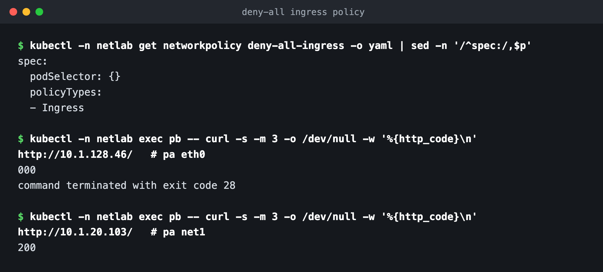 Terminal: the NetworkPolicy spec with an empty podSelector and policyTypes Ingress, curl to the eth0 address returning 000 with exit code 28, curl to the net1 address returning 200.