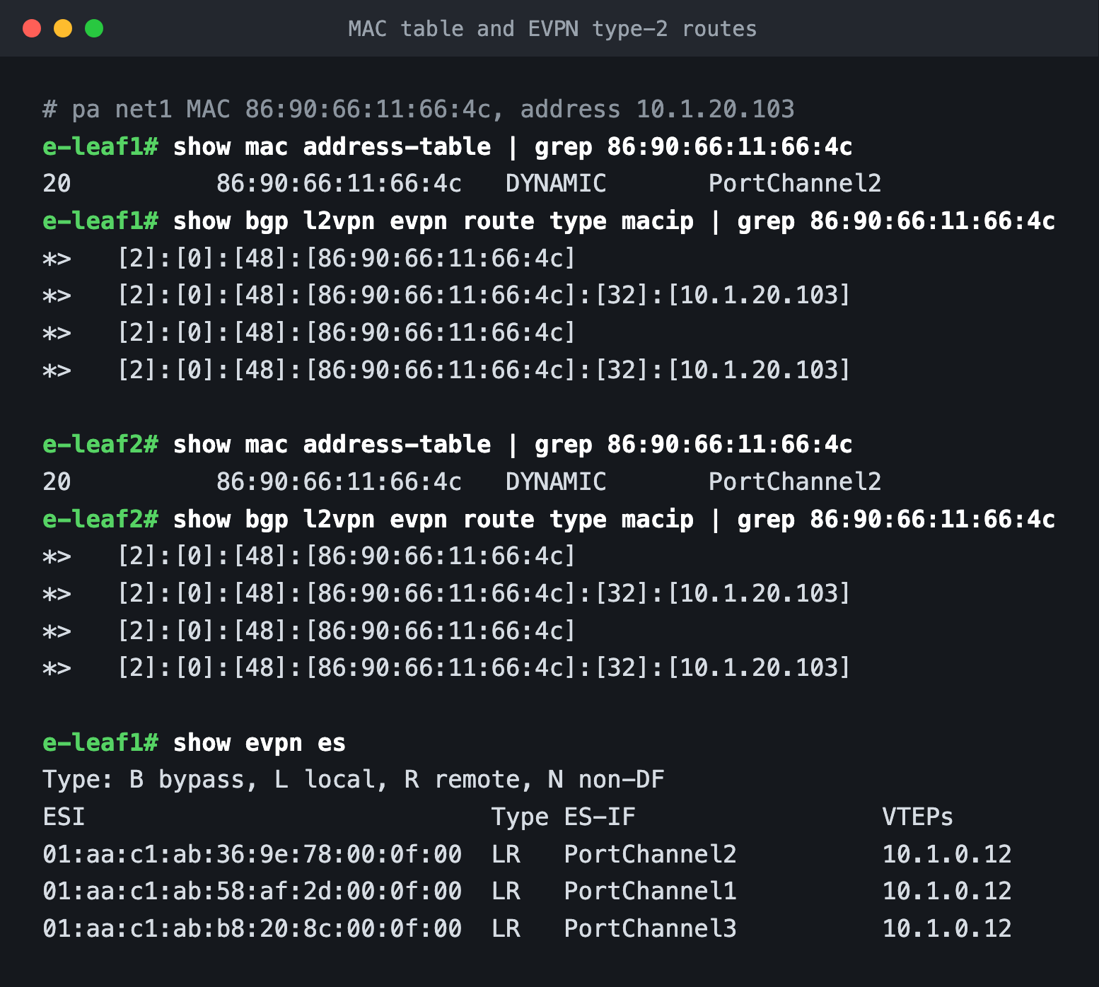 Terminal: the pod MAC on PortChannel2 in VLAN 20 on both leafs, EVPN type-2 routes with and without the IP 10.1.20.103, and the EVPN Ethernet segment table.