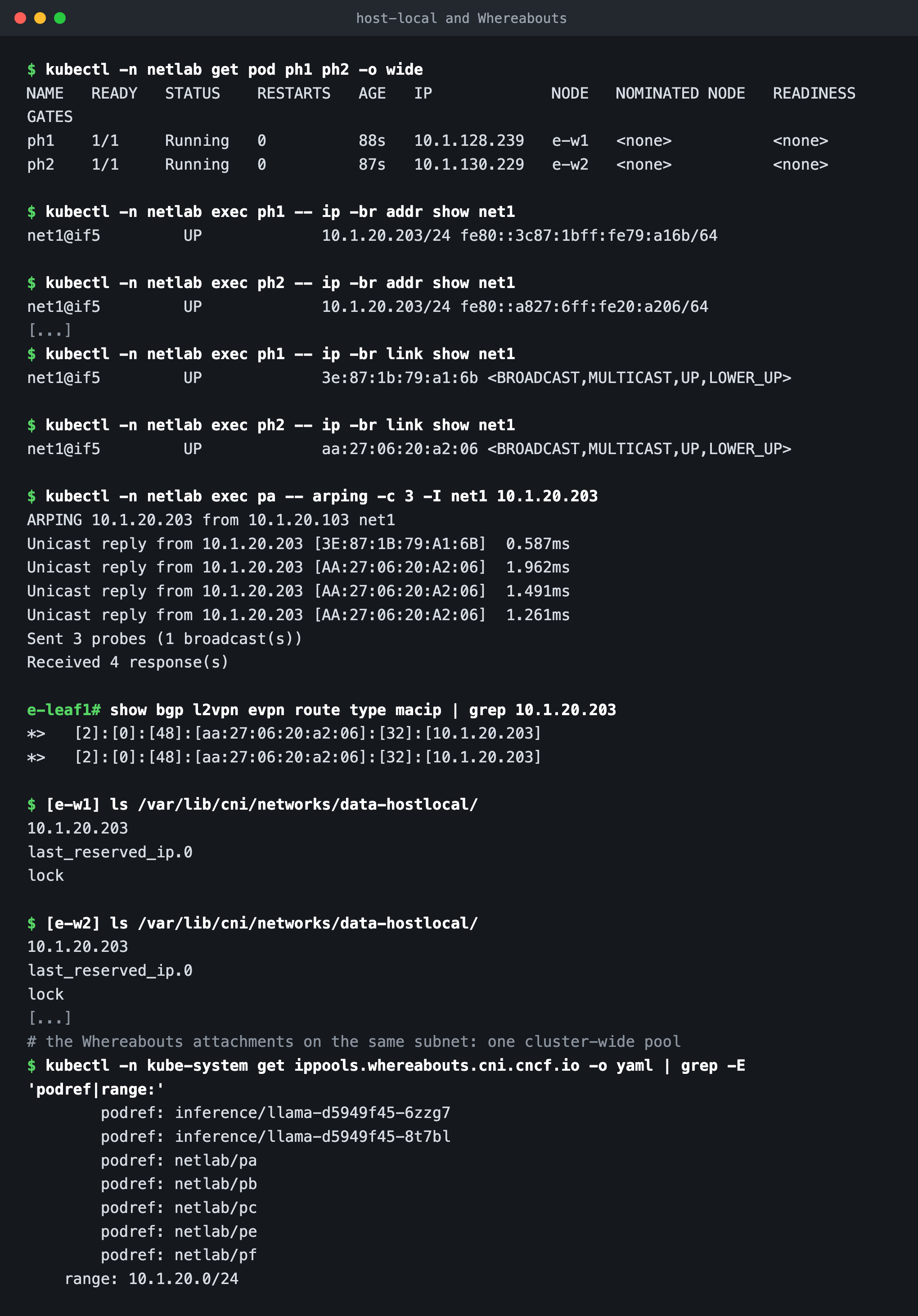 Terminal: two pods on two nodes, both net1 10.1.20.203 with different MACs, arping receiving replies from both MACs, the leaf's EVPN table with only one MAC for 10.1.20.203, both nodes' host-local stores holding 10.1.20.203, and the Whereabouts pool listing the pods allocated from it.