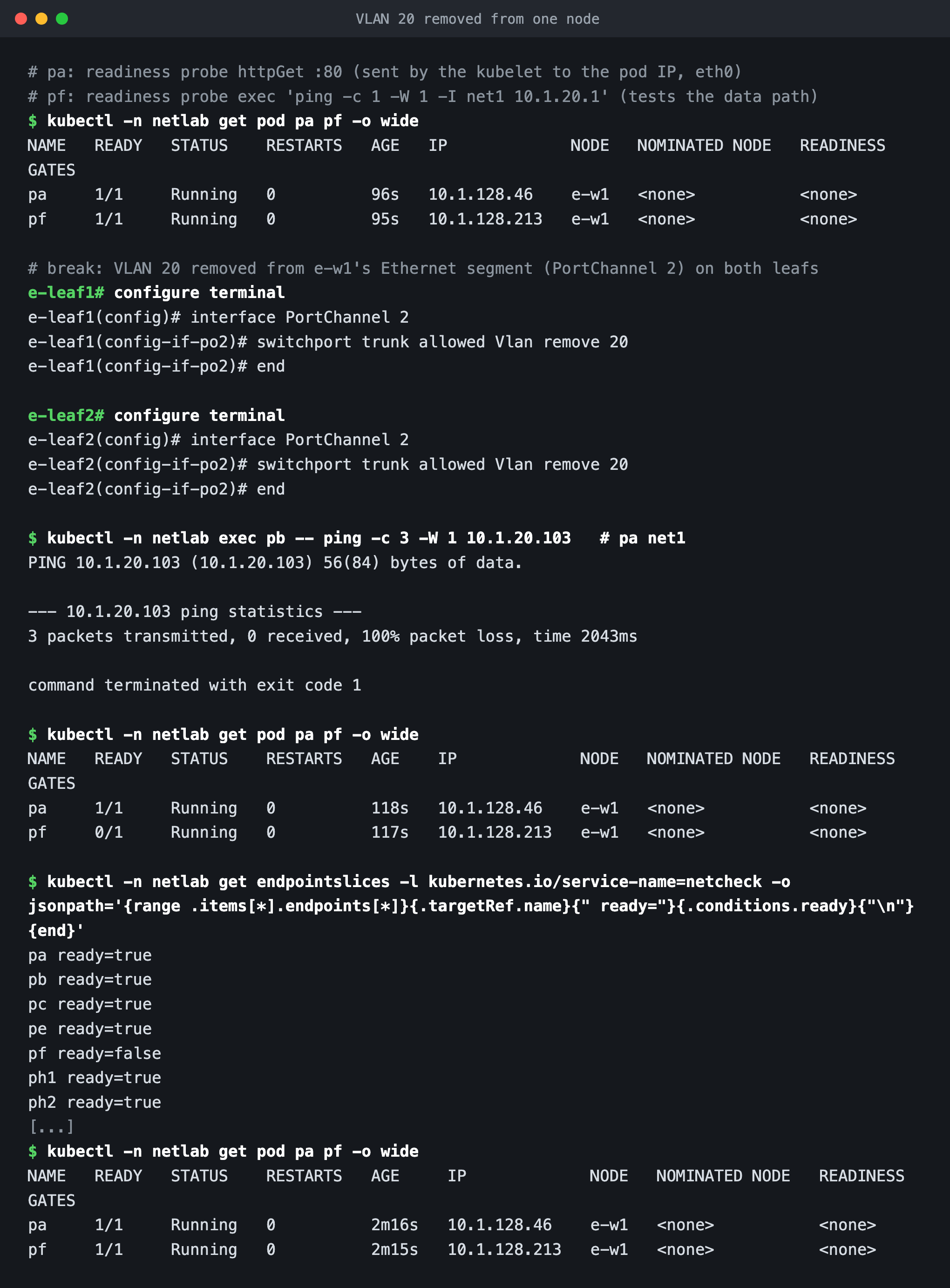 Terminal: two pods Ready, VLAN 20 removed from PortChannel 2 on both leafs, pings to net1 failing, pa still 1/1 Ready while pf shows 0/1, the EndpointSlice listing pf ready=false, and both Ready again after restore.