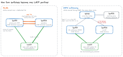 MLAG shares state over a dedicated peer link; EVPN multihoming shares it through BGP