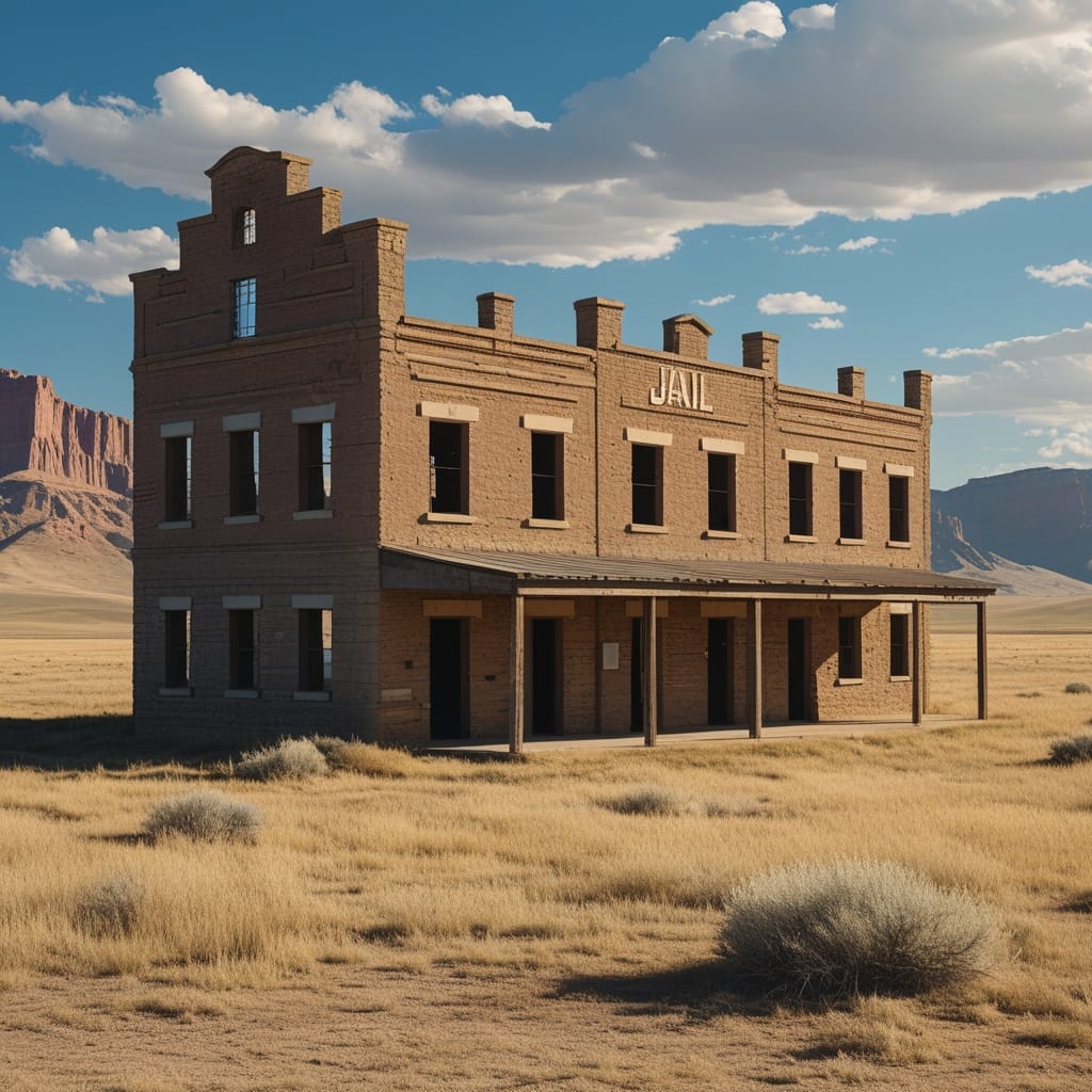 An AI-image of an empty old-time jailhouse out in the plains.