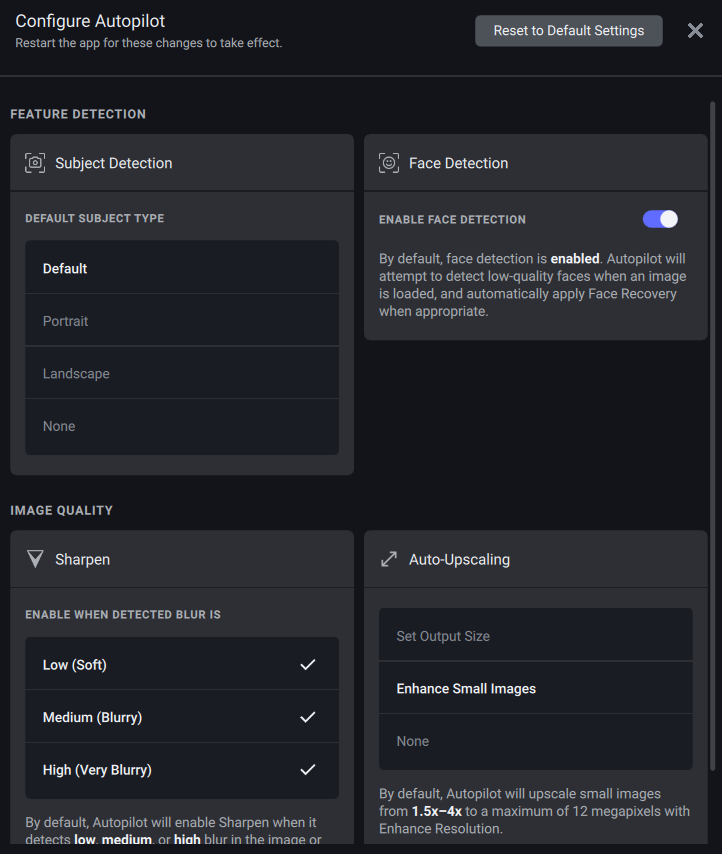 Configurable autopilot settings in Topaz Labs Photo AI