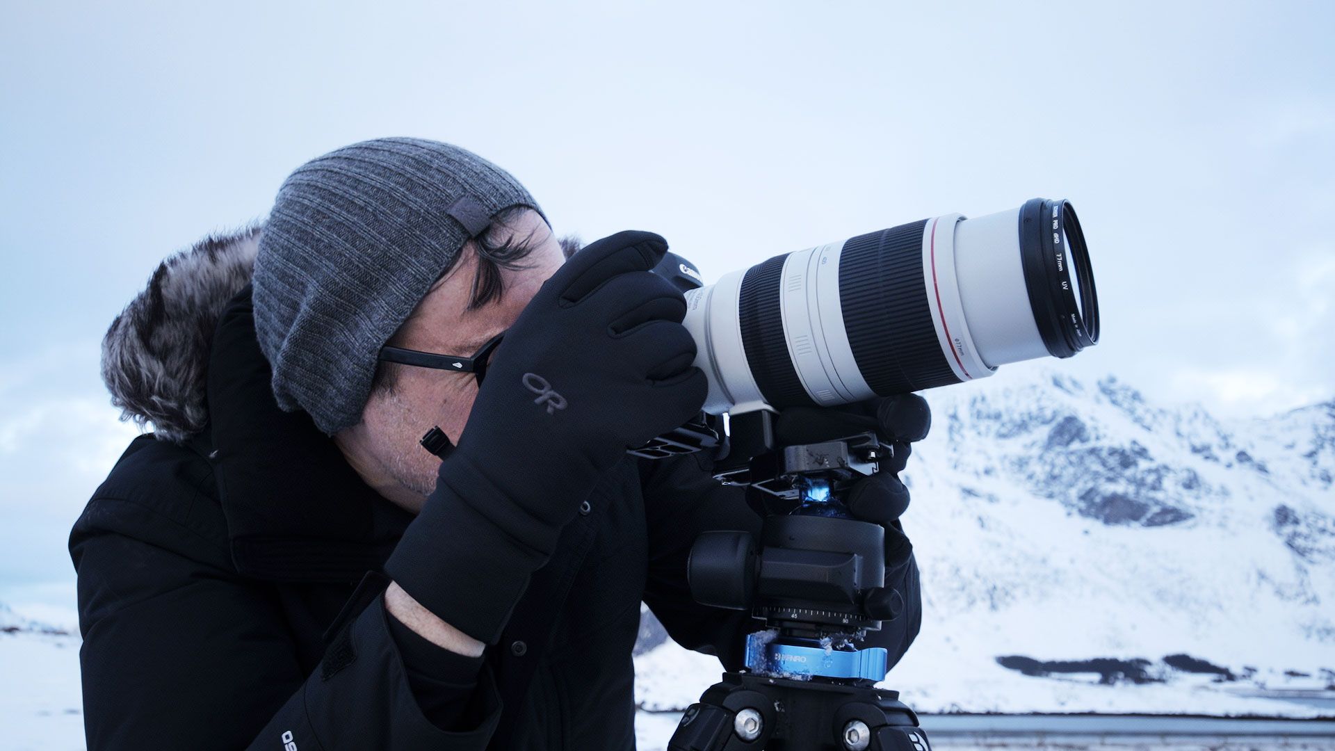 Me in Lofoten wearing Outdoor Research Sensor Gloves