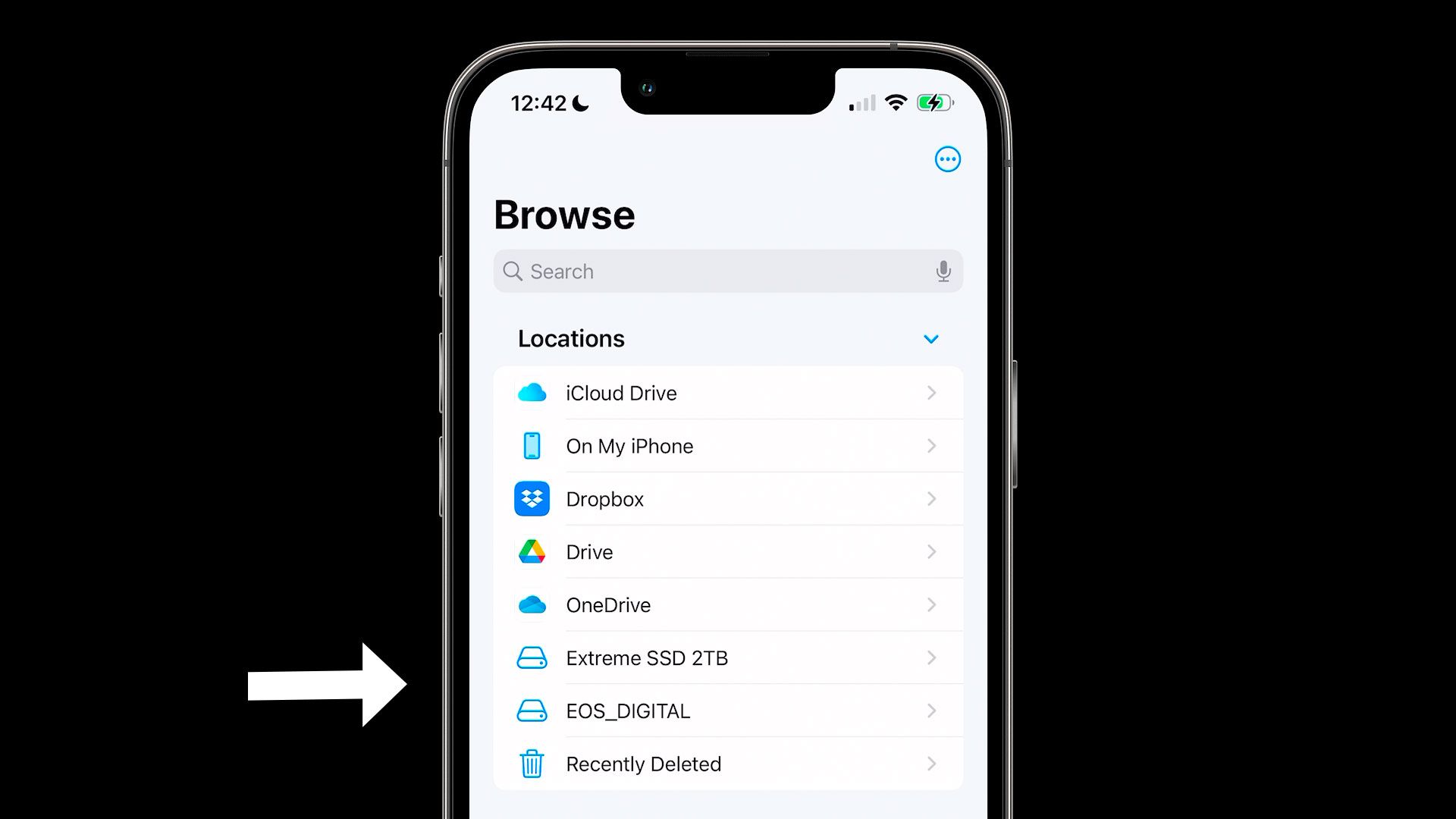 iOS Files app with SD card and SSD drive connected