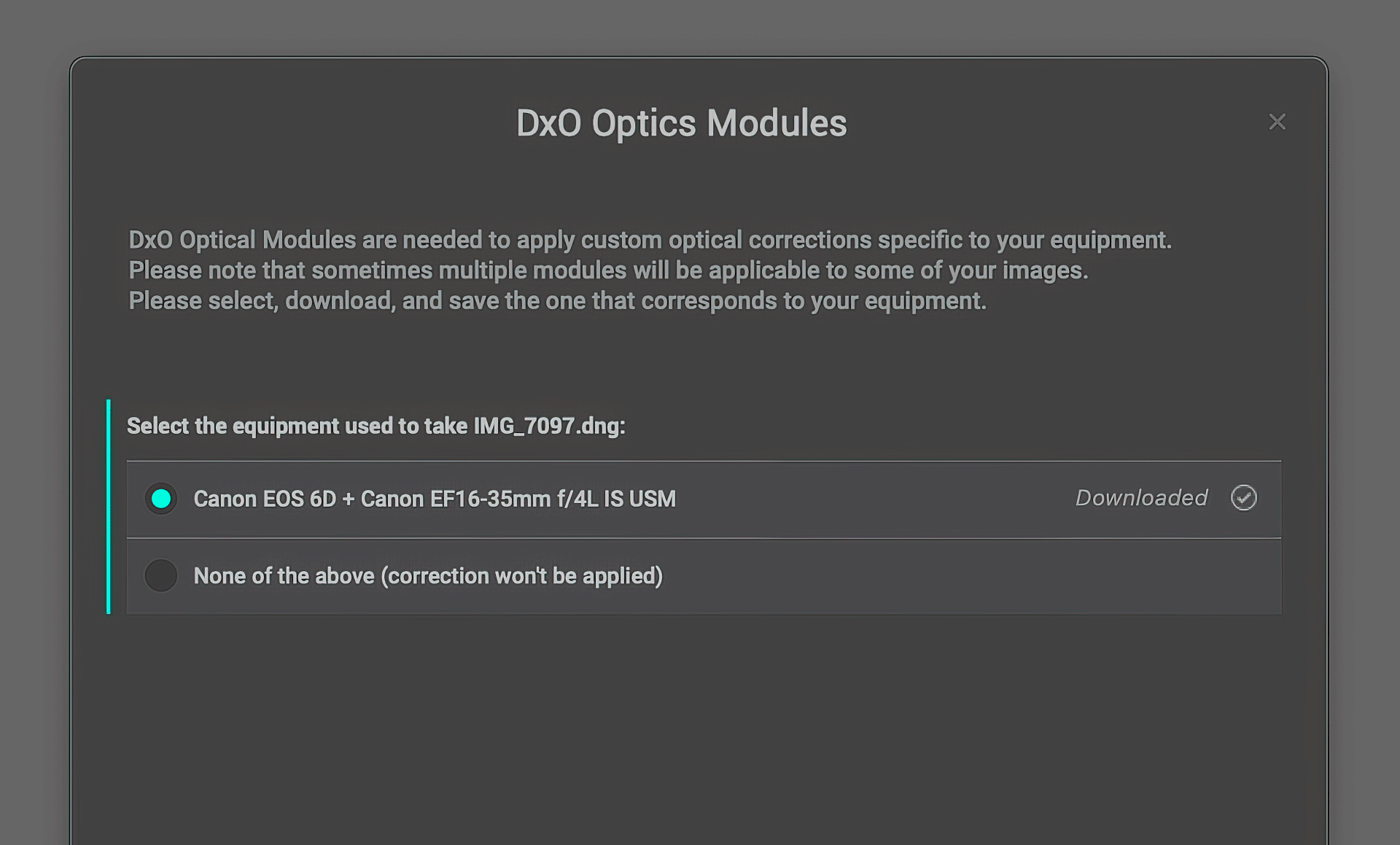 Downloading optics module in DxO PureRaw 3