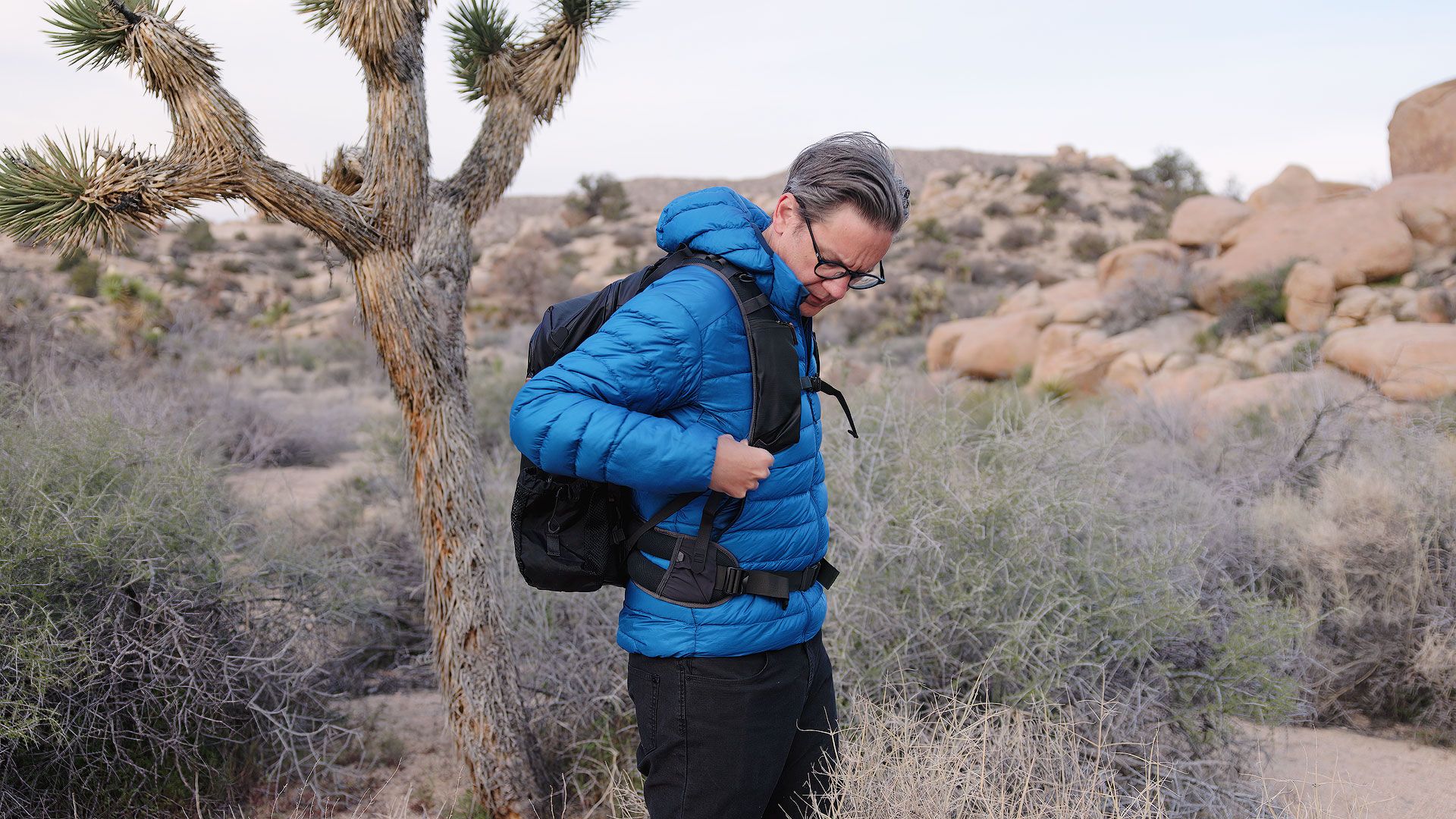 Hiking with the Shimoda Explore v2 outside Joshua Tree