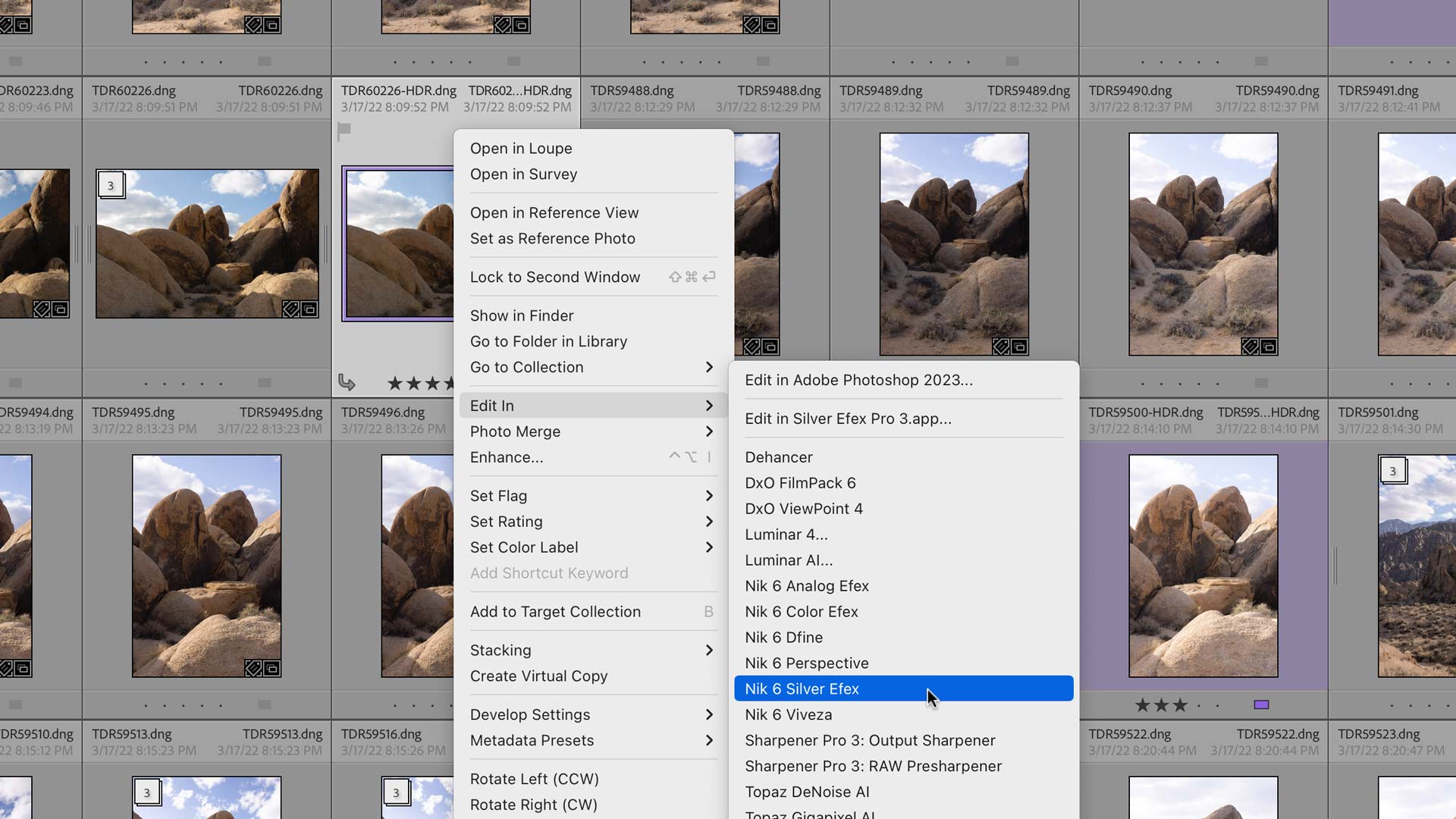 Selecting Silver Efex to edit a raw image in Lightroom