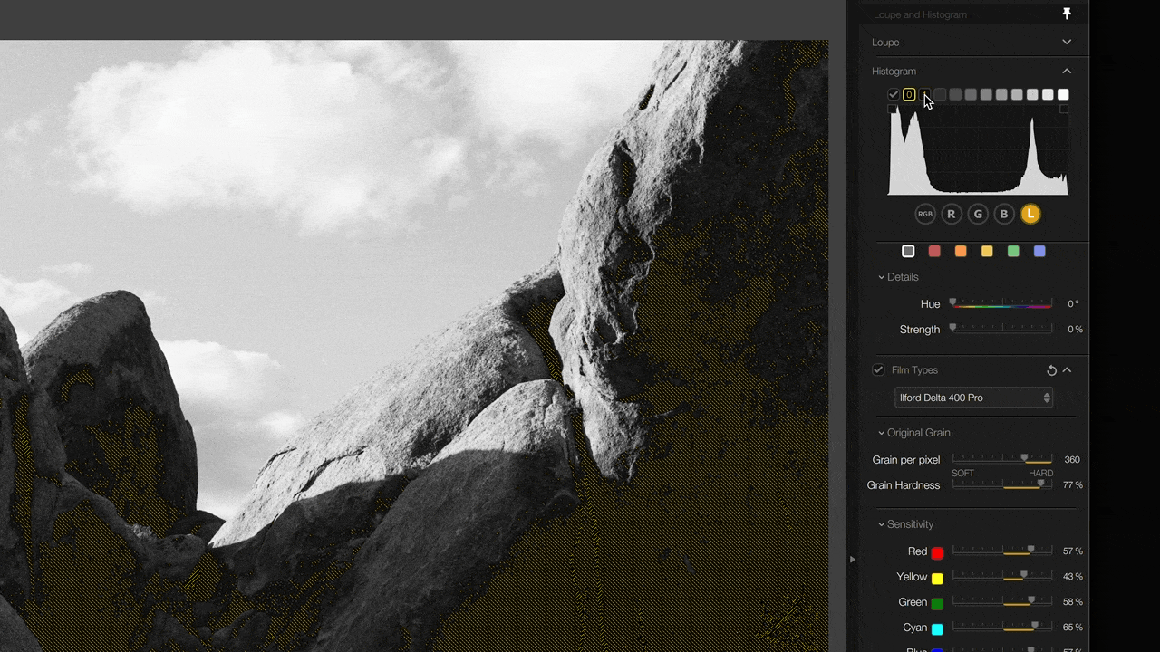 Selecting zones in the Silver Efex historgram