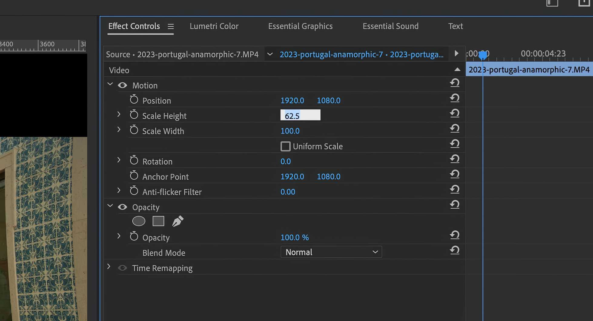 Changing Scale Height to 62.5% to desqueeze 1.6x anamorphic footage