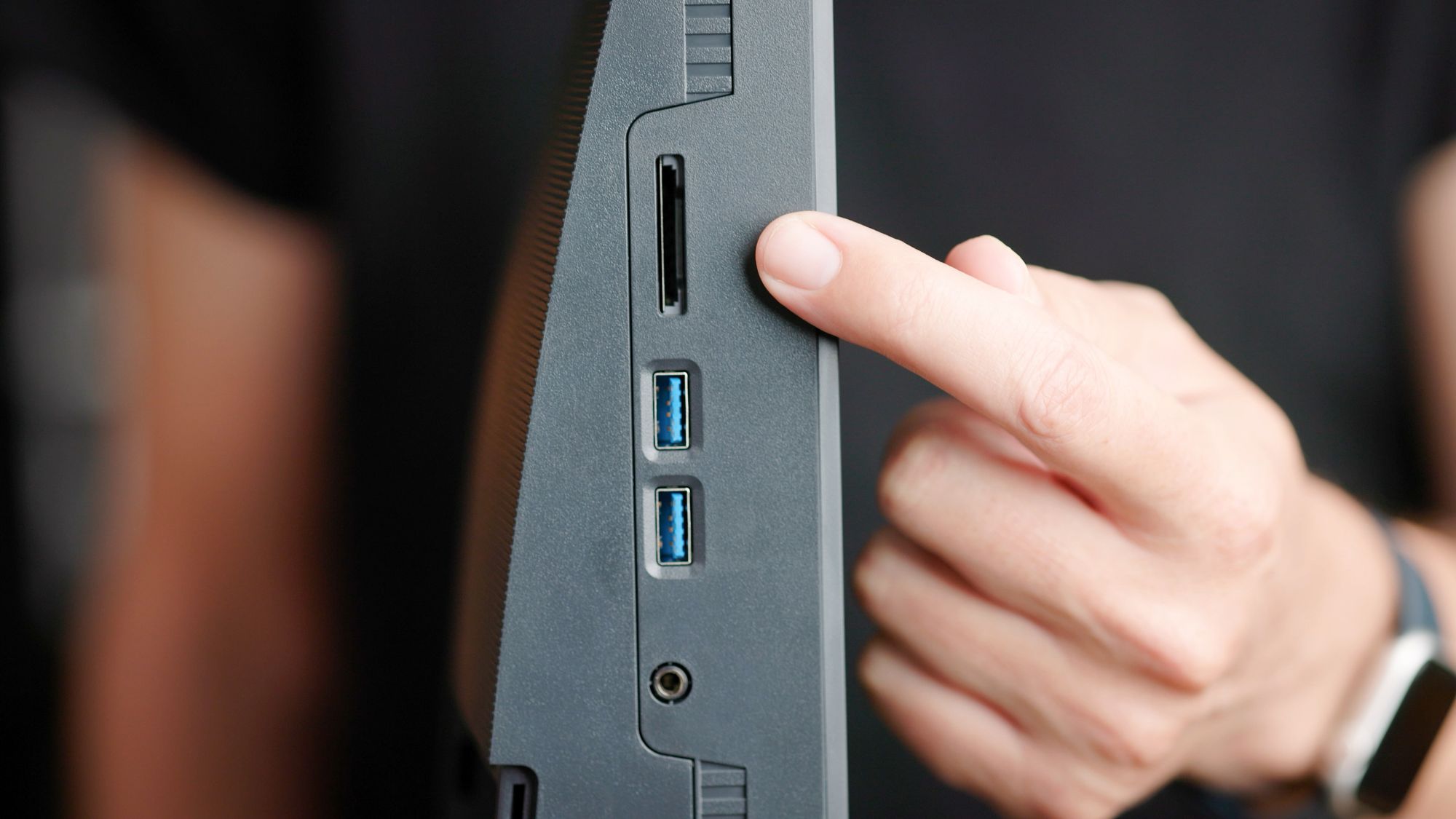 Bottom headphone jack, USB ports, and SD card slot on the SW272U (screen rotated for photo)