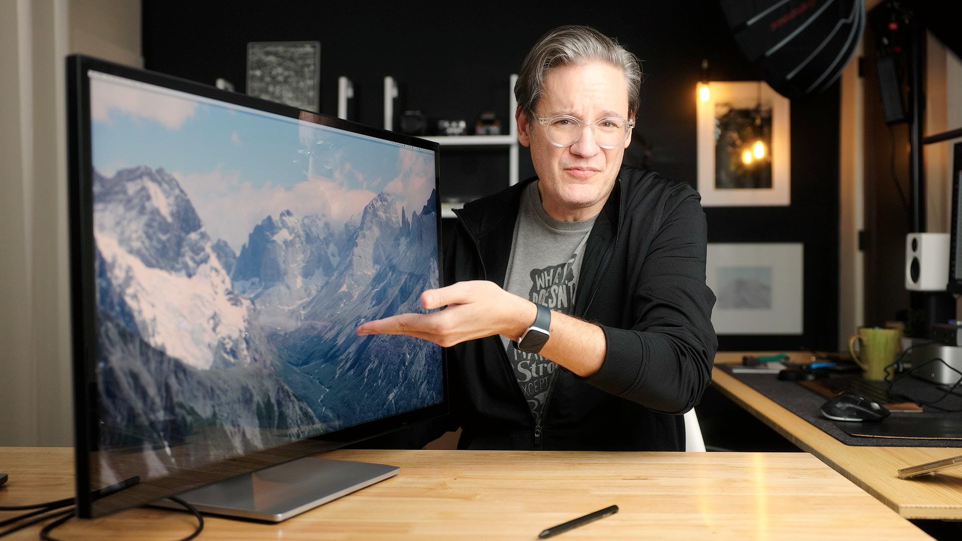 32" display standing upright on the Clarity Fold Stand