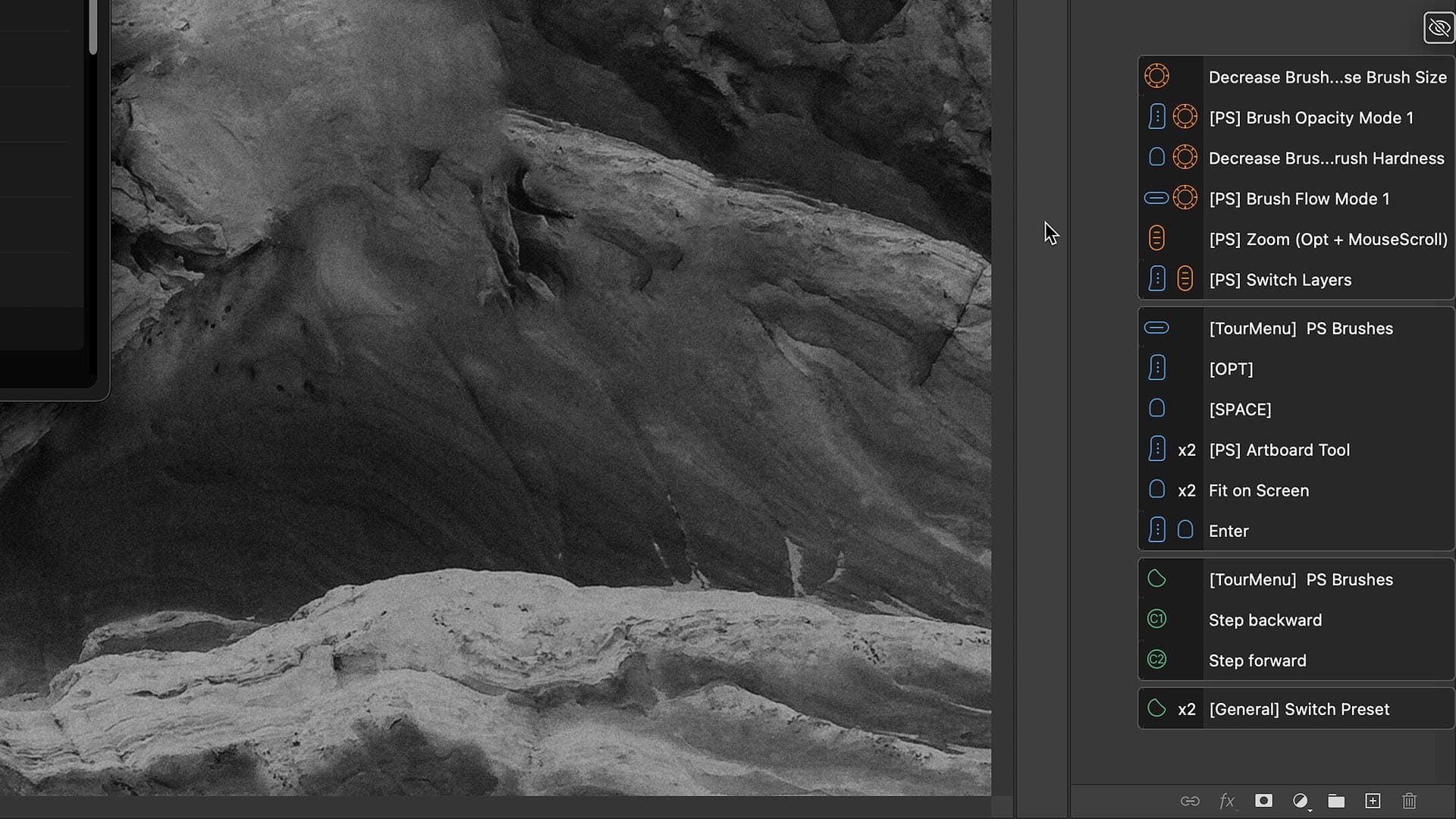 TourBox heads up display in Photoshop showing button actions
