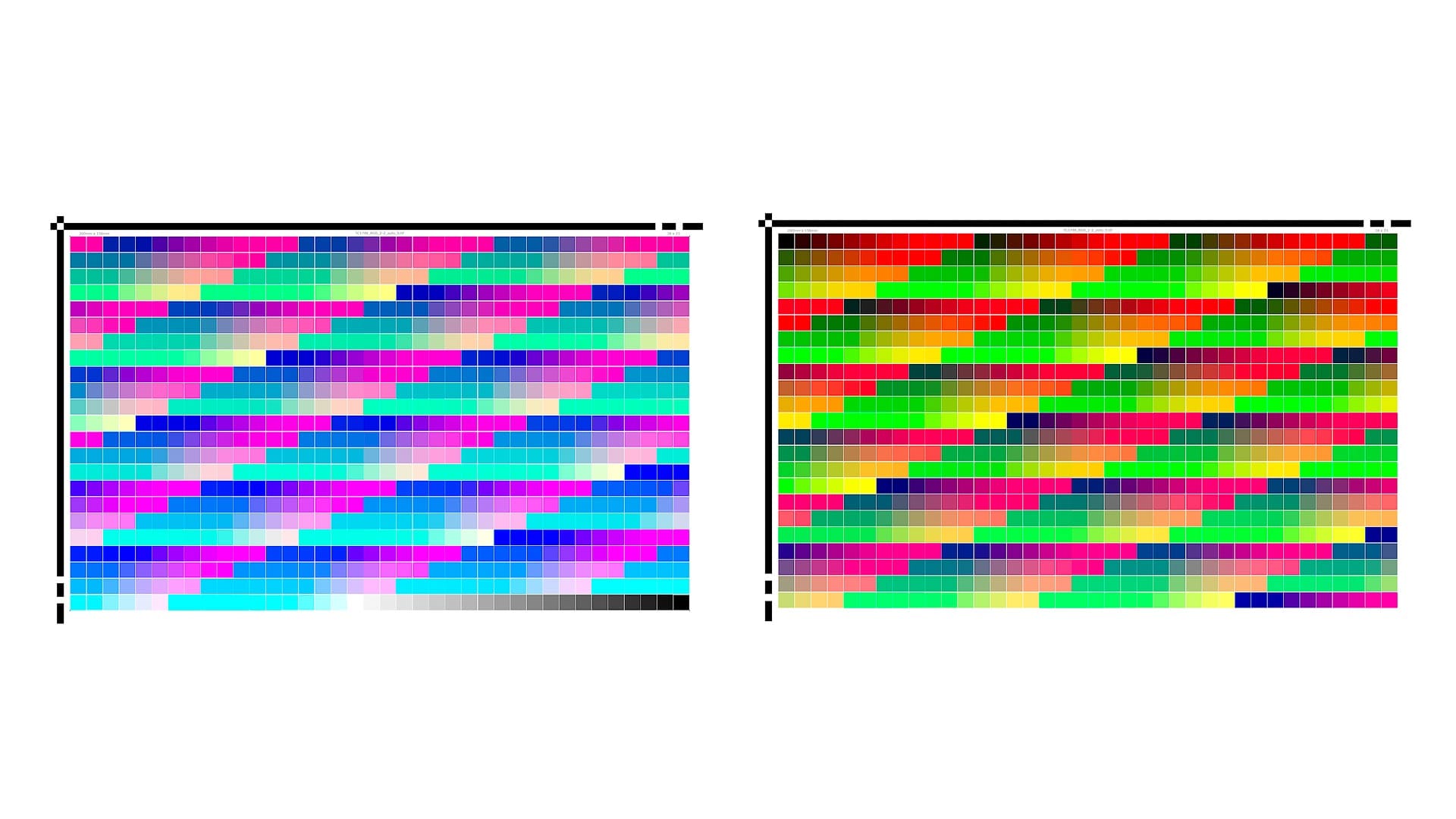 Test charts with color swatches and grayscale values