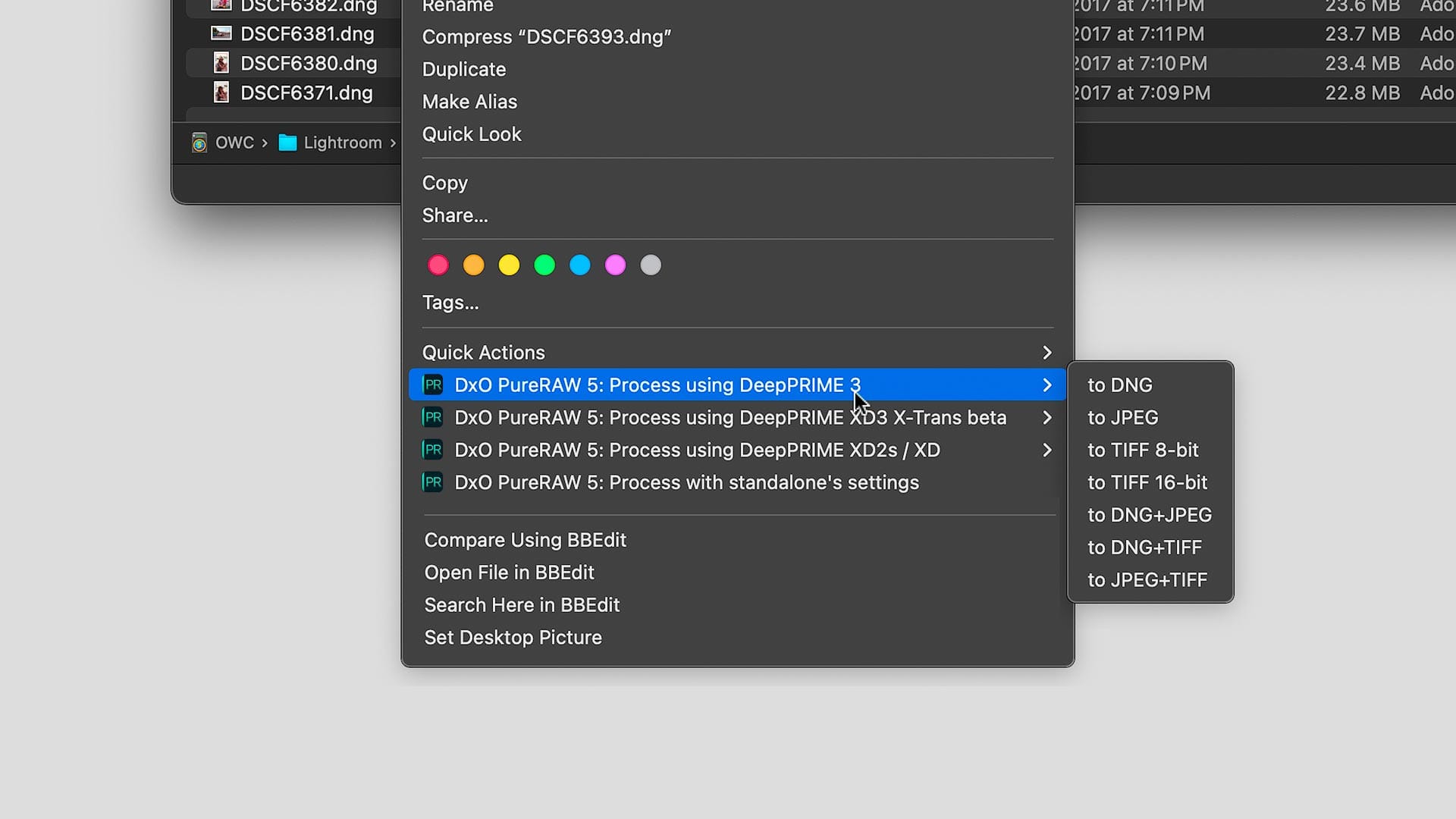 Processing local DNG files in PureRAW 5 through the macOS Finder