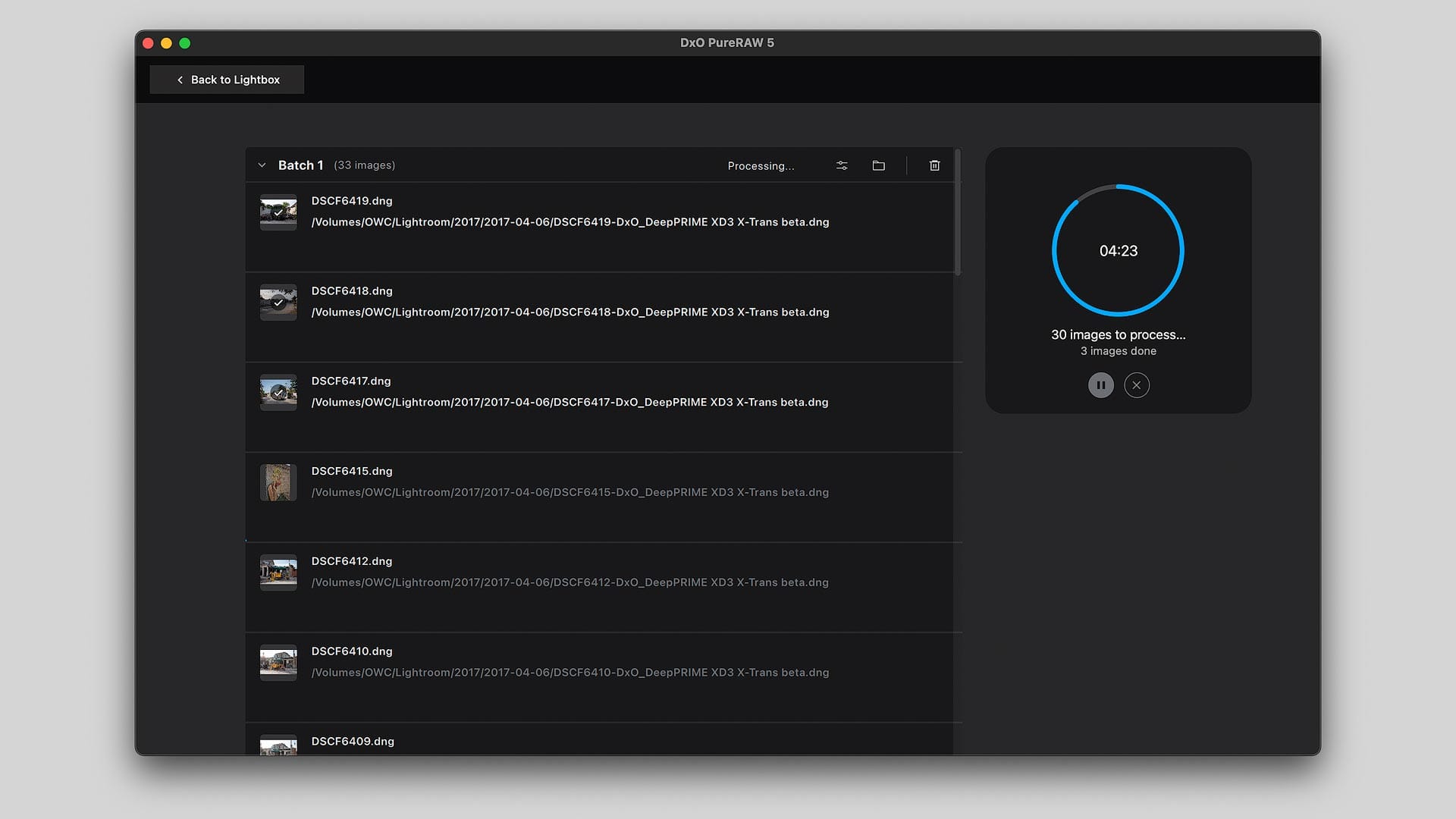 DxO PureRAW 5 processing a queue of DNG files