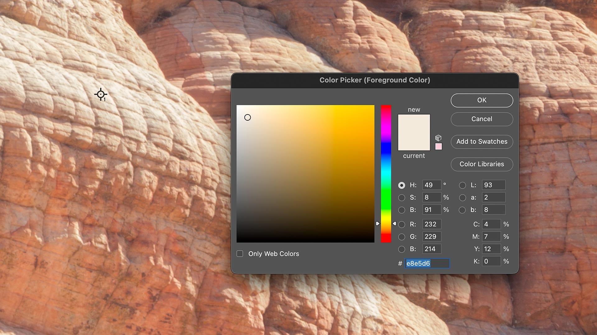 Sampled highlight area after reducing Highlights and Whites in Camera Raw