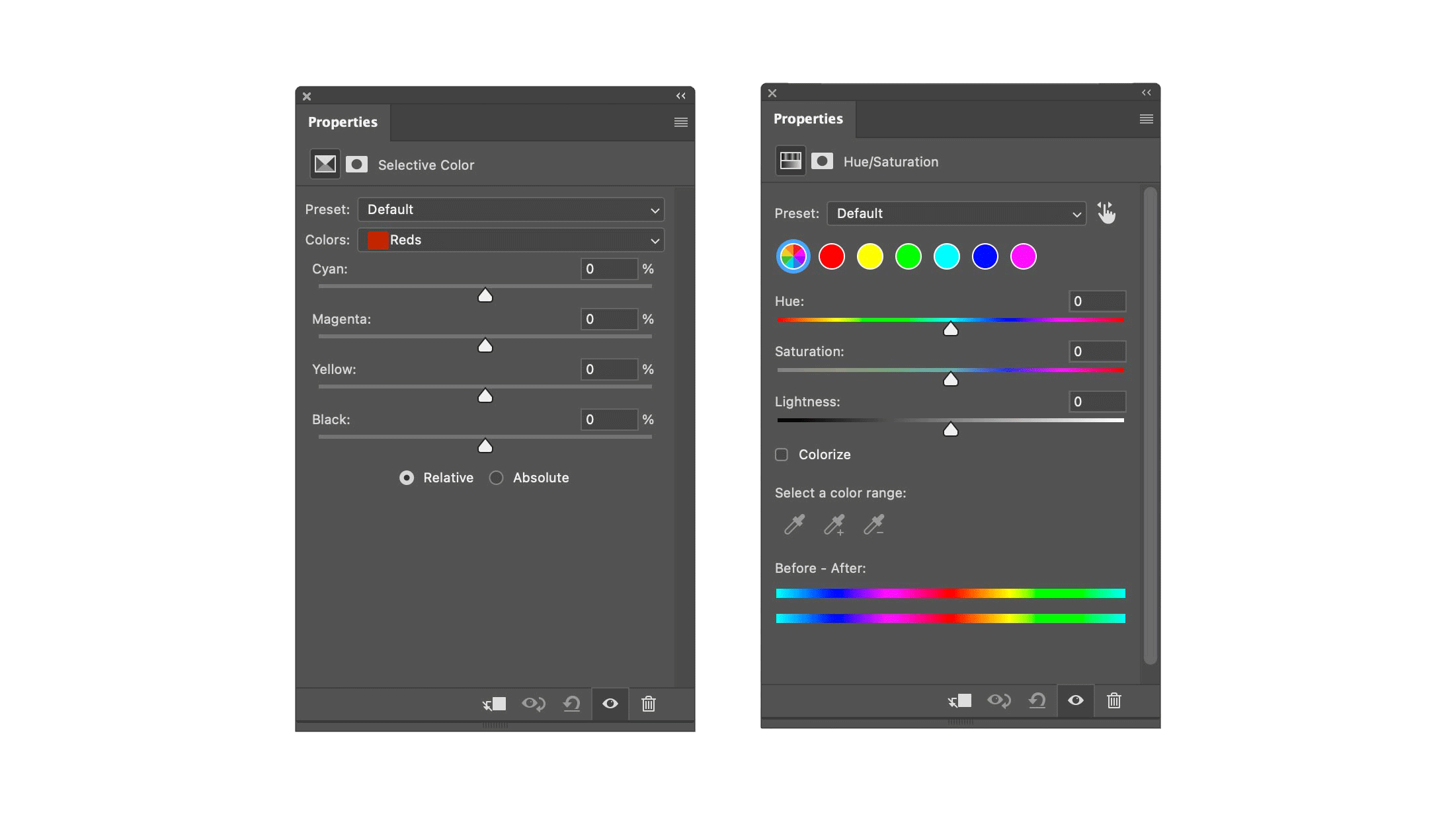 Selective Color (left) and Hue/Saturation panels in Photoshop
