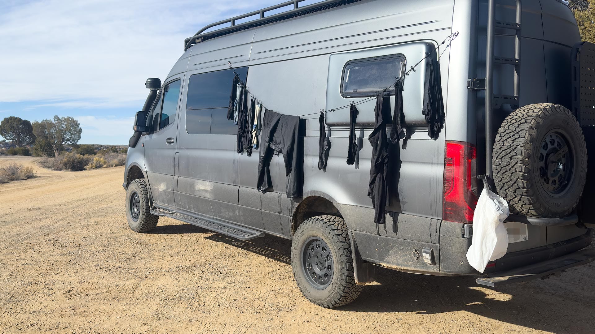 Drying laundry on the side of the van