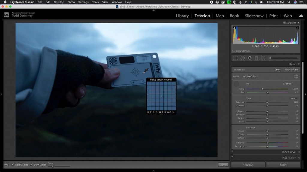White balance eyedropper tool in Adobe Lightroom