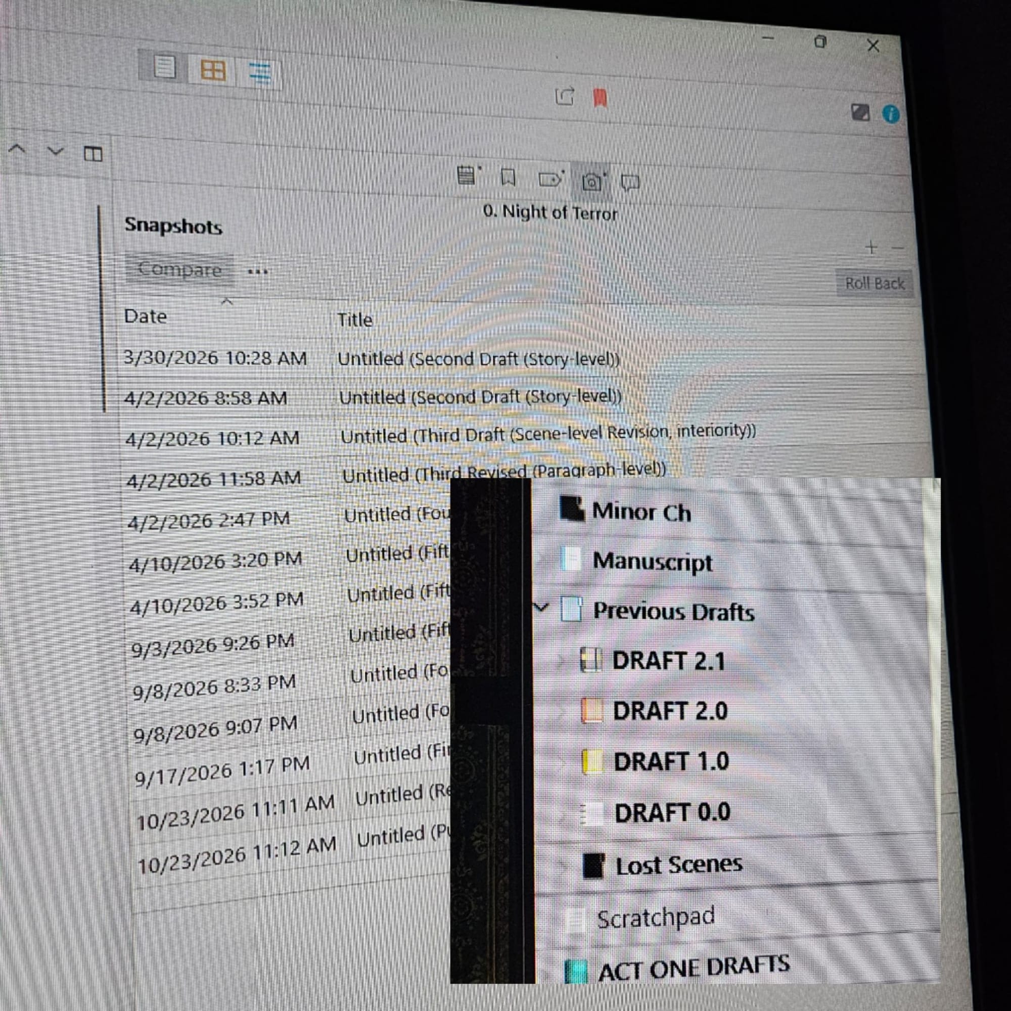 Photos of a computer screen showing over 13 versions of the prologue.