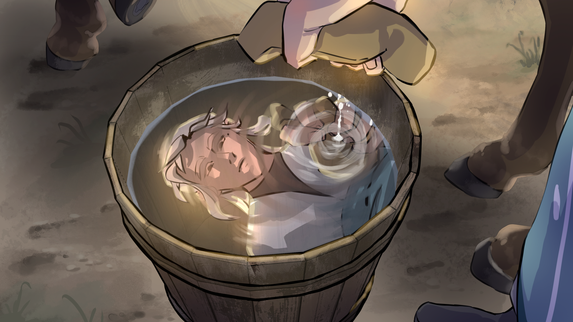 Elpis squeezing a sponge over his reflection in the water bucket.