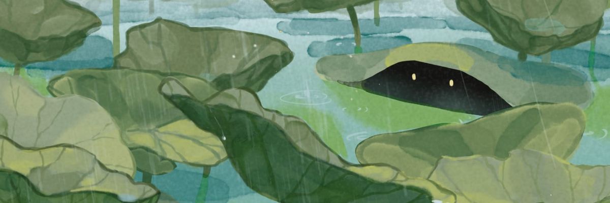 Little shadow creature peeking from under green lotus leaves.