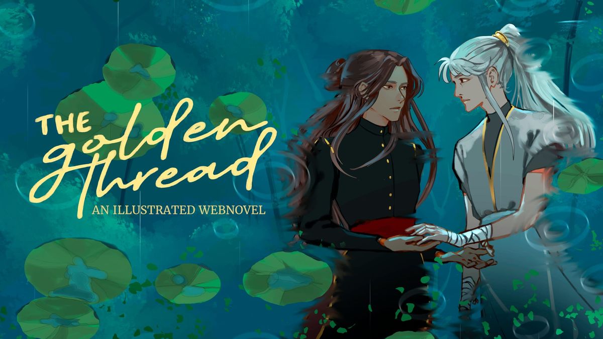 Web banner for The Golden Thread, an illustrated webnovel, featuring the reflection of two characters holding hands in front of a pond as it rains.
