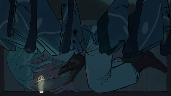 A child, Elpis, hides in a wardrobe peeking through a small hole.