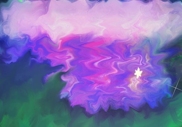 Abstract swirling clouds in vibrant purple, pink, blue, and white hues flowing across the image like liquid smoke or ethereal mist, with a bright white star-like light emerging