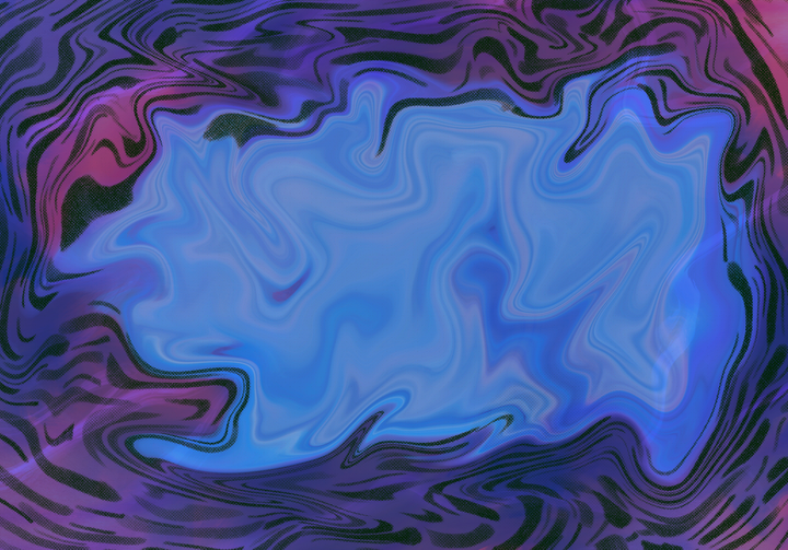 Abstract fluid art with swirling blue and purple gradients creating organic, wave-like patterns with darker halftone textures around the edges