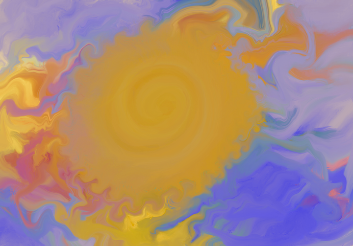 An abstract doodle with flowing patterns in warm golden yellow at the center, surrounded by swirling purple, lavender, and soft pink hues that blend and merge in fluid, paint-like formations.