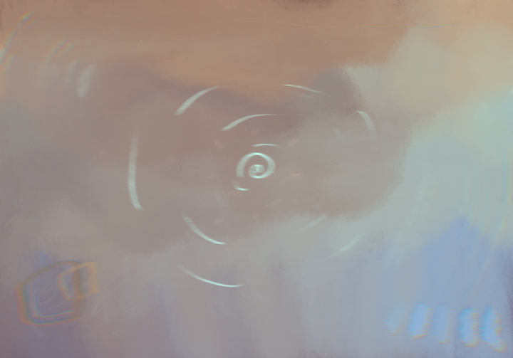 An abstract pastel drawing on brown paper featuring a luminous central spiral with radiating curved lines, enhanced by soft blue and white highlights that create a dreamy, glowing atmosphere