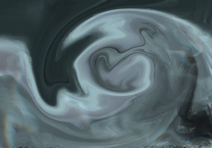 Abstract swirling patterns in silver and gray tones with fluid, organic curves that spiral and flow across the composition, creating a dreamlike, ethereal effect with subtle iridescence