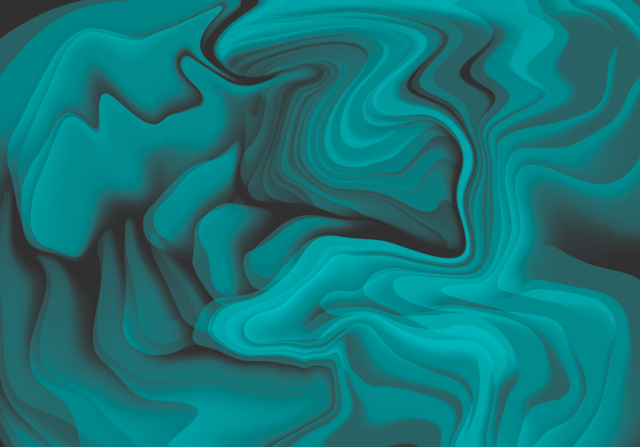 Abstract fluid art with flowing teal and turquoise shapes creating organic, wave-like patterns against darker shadows