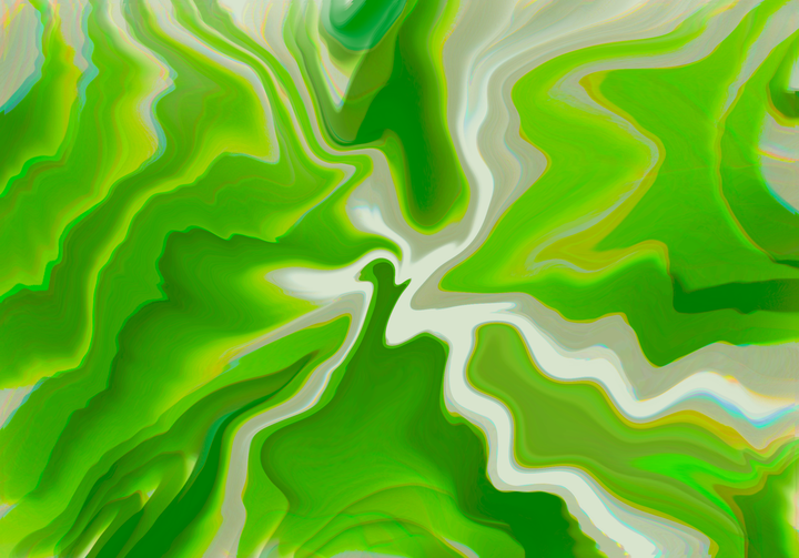 Abstract digital art with vibrant green and lime flowing forms. White streams weave through organic, marbled patterns in constant fluid motion.