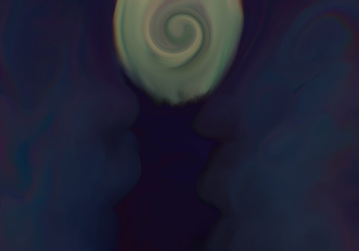 A smoky, ethereal tunnel or hallway with swirling walls leading to a bright circular light at the end, glowing pale green against deep blue-purple shadows.