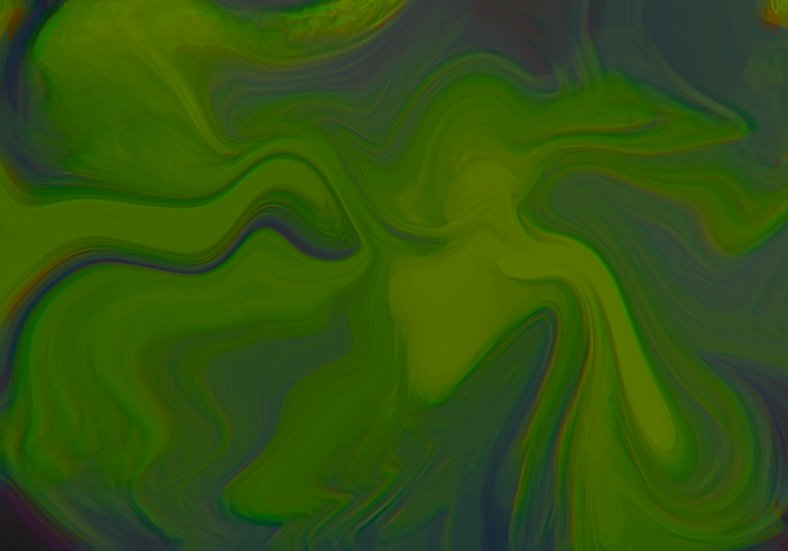 Flowing abstract composition in vibrant greens with blue-purple undertones, featuring organic swirls and liquid-like marbled patterns that create depth and movement.