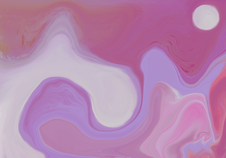 A dreamy abstract artwork featuring flowing purple and pink swirls with soft gradients, creating cloud-like formations against a pale background with a bright white circular moon.