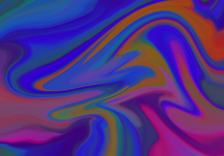 Abstract digital art with flowing, swirled patterns in vibrant blues, purples, oranges, and magentas creating a fluid, marble-like texture with dynamic curves and gradients.
