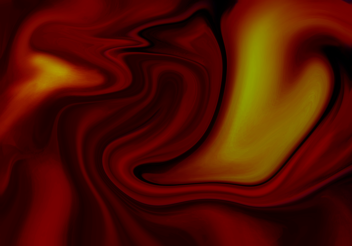 Abstract digital artwork with flowing organic shapes in warm reds, oranges, and golden yellows, creating a swirling, fire-like pattern with dynamic movement.
