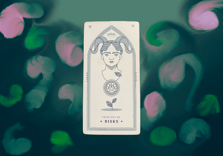 A tarot card showing the Princess of Disks against a soft bokeh background of green and pink lights. The card features a figure with horned hair holding a pentacle symbol.