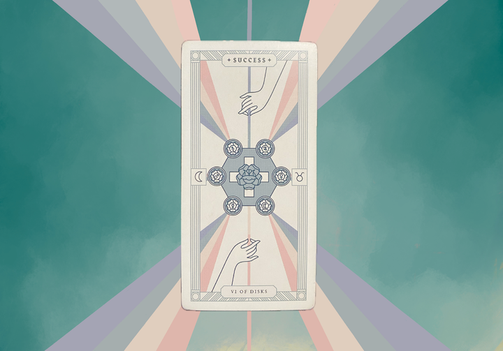 A tarot card titled 'Success' and VI of Disks' showing two hands reaching toward a central cross surrounded by six pentacles, displayed against a radial sunburst background.