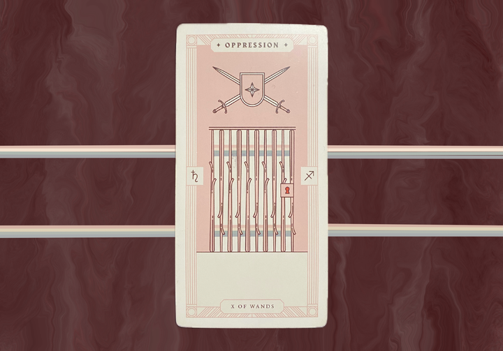 A tarot card titled "Oppression" showing the Ten of Wands, featuring ten wooden staffs arranged vertically like prison bars, with crossed swords and a shield symbol above them.