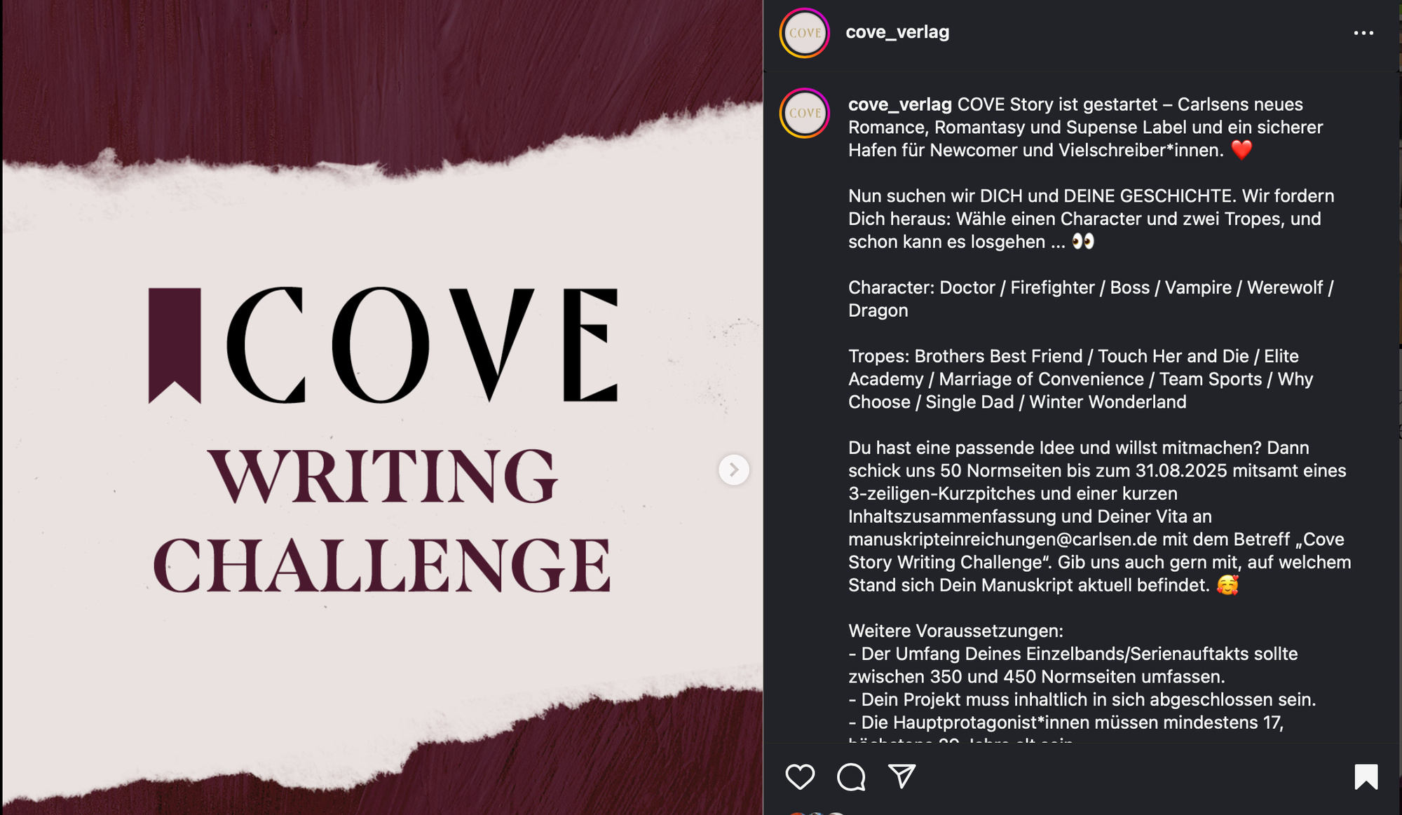 Screenshot eines Intstagram-Beitrags. Links das Bild mit dem Text "Cove Writing Challenge", rechts ein Text mit den Regeln der "Challenge"
