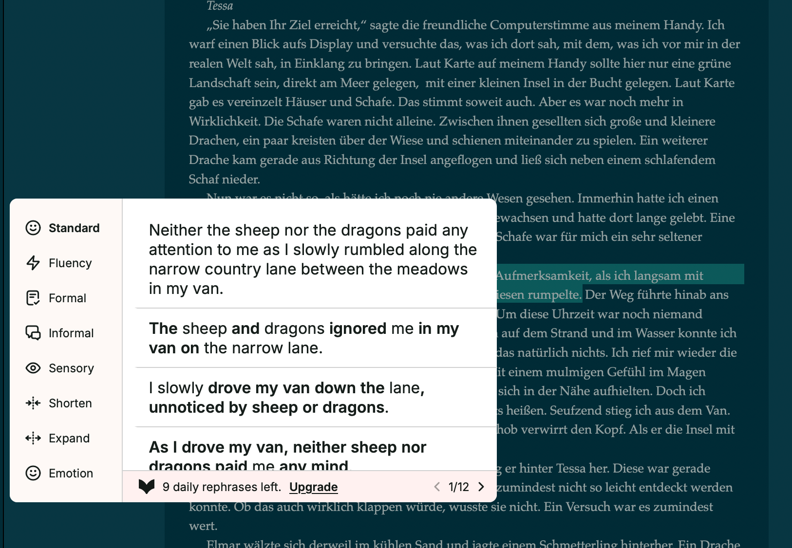 Screenshot zeigt einen Text (auf Deutsch) im Hintergrund und das Tool ProWritingAid vorne. Das Tool hat einen markierten Satz erkannt, ins Englische übersetzt und schlägt Verbesserungen vor.