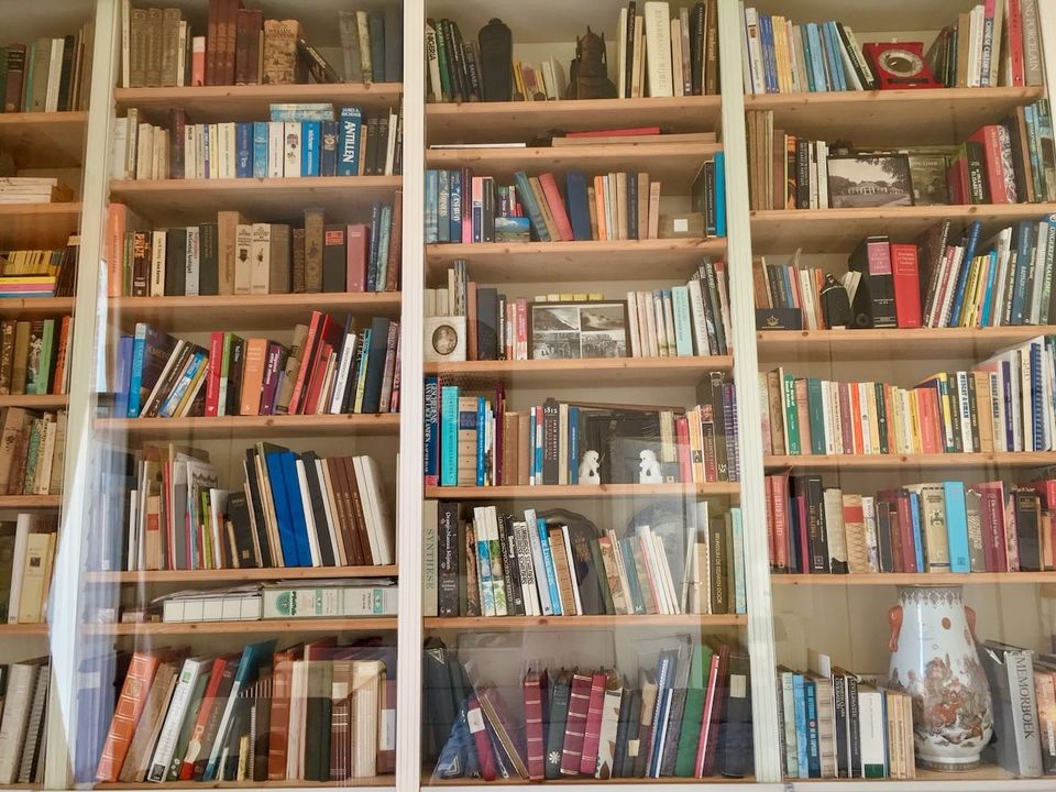 volles Bücherregal, in dem Bücher verschiedener Dicke und Größe nebeneinander stehen und aneinander lehnen